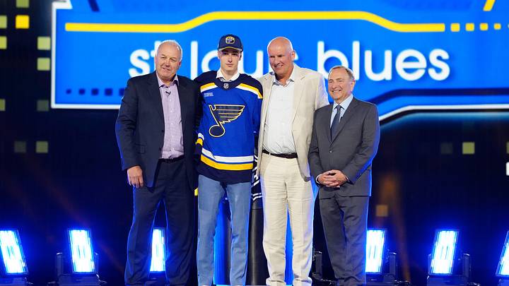 Jun 28, 2024; Las Vegas, Nevada, USA; Adam Jiricek is selected by the St. Louis Blues with the 16th overall pick in the first round of the 2024 NHL Draft at The Sphere. Mandatory Credit: Stephen R. Sylvanie-USA TODAY Sports