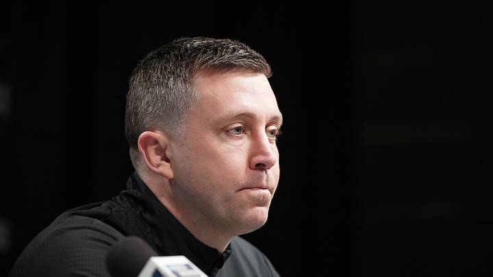 Mar 18, 2026; Greenville, SC, USA; Ohio State Buckeyes head coach Jake Diebler during a press conference ahead of the first round of the men's 2026 NCAA Tournament at Bon Secours Wellness Arena. Mandatory Credit: Bob Donnan-Imagn Images Mar 18, 2026; Greenville, SC, USA; Ohio State Buckeyes head coach Jake Diebler during a press conference ahead of the first round of the men's 2026 NCAA Tournament at Bon Secours Wellness Arena. Mandatory Credit: Bob Donnan-Imagn Images