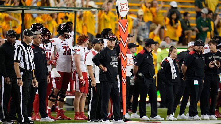 Oct 7, 2023; Waco, Texas, USA; Texas Tech Red Raiders head coach Joey McGuire looks on against the Baylor Bears during the second half at McLane Stadium. Mandatory Credit: Chris Jones-USA TODAY Sports Oct 7, 2023; Waco, Texas, USA; Texas Tech Red Raiders head coach Joey McGuire looks on against the Baylor Bears during the second half at McLane Stadium. Mandatory Credit: Chris Jones-USA TODAY Sports
