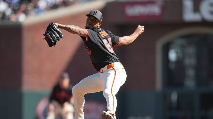 San Francisco, California, USA;  San Francisco Giants pitcher Camilo Doval (57) delivers a pitch against the Los Angeles Dodgers in the seventh inning at Oracle Park.  Mandatory Credit: Cary Edmondson-Imagn Images