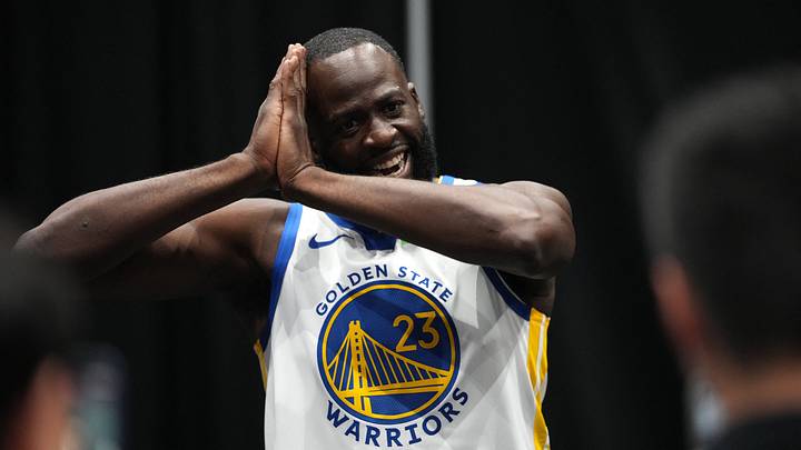San Francisco, CA, USA;  Golden State Warriors forward Draymond Green (23) interacts with members of the media during Media Day at the Chase Center.  Mandatory Credit: Cary Edmondson-Imagn Images