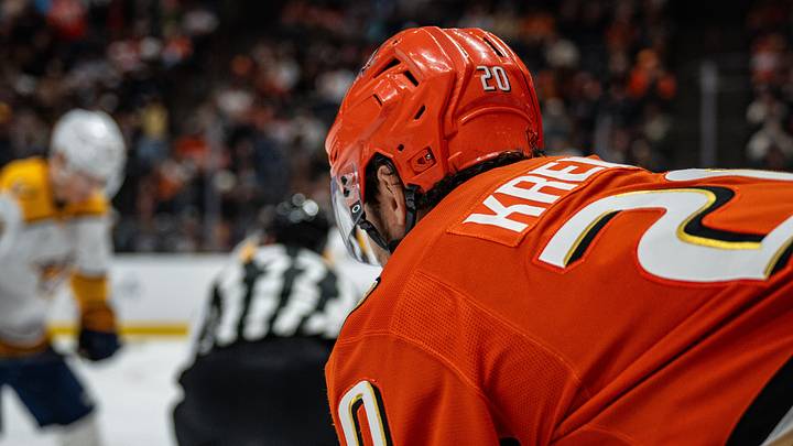 Apr 4, 2026; Anaheim, California, USA; Anaheim Ducks left wing Chris Kreider (20) looks on before a face-off against the Nashville Predators during the first period at Honda Center. Mandatory Credit: Corinne Votaw-Imagn Images