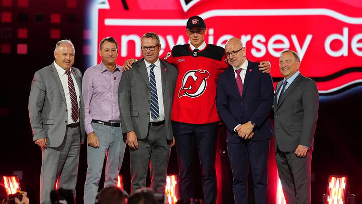 Jun 28, 2024; Las Vegas, Nevada, USA; Anton Silayev is selected by the New Jersey Devils with the 10th overall pick in the first round of the 2024 NHL Draft at The Sphere. Mandatory Credit: Stephen R. Sylvanie-USA TODAY Sports