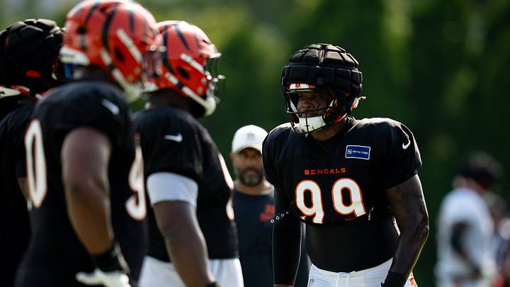 Cincinnati Bengals defensive end Myles Murphy (99) practices during Bengals practice at the Kettering Practice Fields in Cincinnati, Ohio, on Thursday, August 6, 2026.
