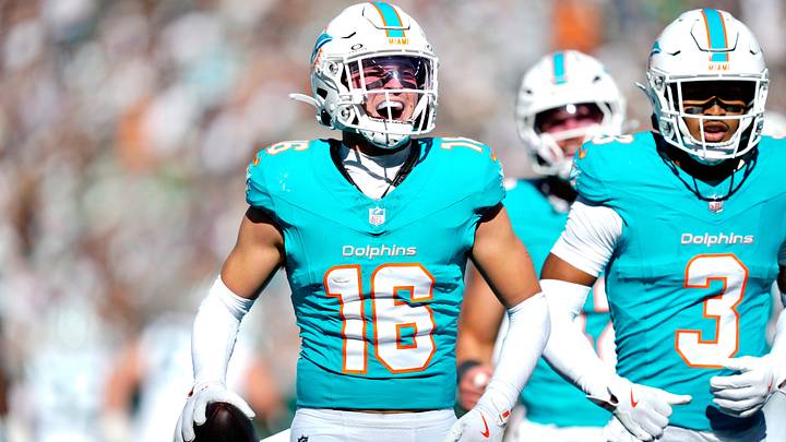 Miami Dolphins safety Michael Taaffe (16) celebrates after his second quarter interception,l, Sunday, Oct. 25, 2026, at East Rutherford. Miami Dolphins safety Michael Taaffe (16) celebrates after his second quarter interception,l, Sunday, Oct. 25, 2026, at East Rutherford.