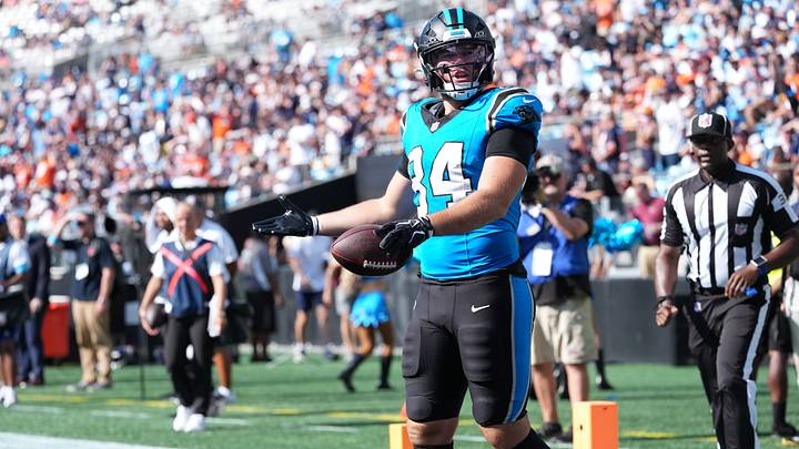 Carolina Panthers tight end Mitchell Evans (84) reacts after scoring a touchdown Carolina Panthers tight end Mitchell Evans (84) reacts after scoring a touchdown