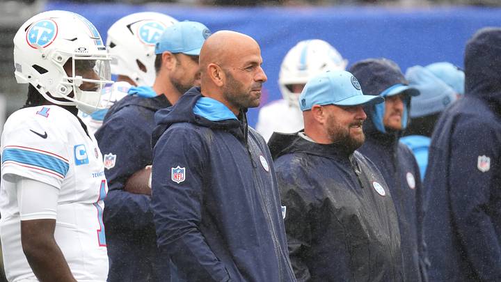 Sep 27, 2026; East Rutherford, New Jersey, USA;  Tennessee Titans head coach Robert Saleh looks on from the sideline during warmups before the game against the New York Giants at MetLife Stadium.  Mandatory Credit: Robert Deutsch-Imagn Images