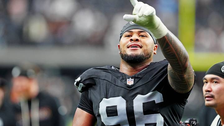Oct 12, 2025; Paradise, Nevada, USA; Las Vegas Raiders defensive tackle Jonah Laulu (96) reacts after the game against the Tennessee Titans at Allegiant Stadium. Mandatory Credit: Stephen R. Sylvanie-Imagn Images Oct 12, 2025; Paradise, Nevada, USA; Las Vegas Raiders defensive tackle Jonah Laulu (96) reacts after the game against the Tennessee Titans at Allegiant Stadium. Mandatory Credit: Stephen R. Sylvanie-Imagn Images
