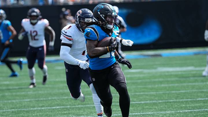 Running back Jonathon Brooks gets behind Jaylon Johnson for a reception in the second quarter Sunday in Charlotte. Running back Jonathon Brooks gets behind Jaylon Johnson for a reception in the second quarter Sunday in Charlotte.
