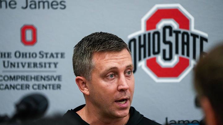 Ohio State Buckeyes head coach Jake Diebler speaks to the media after practice in the practice gym at the Schottenstein Center on July 21, 2026 in Columbus, Ohio. Ohio State Buckeyes head coach Jake Diebler speaks to the media after practice in the practice gym at the Schottenstein Center on July 21, 2026 in Columbus, Ohio.