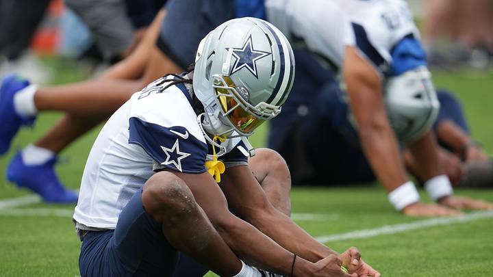 Dallas Cowboys wide receiver George Pickens stretches before practice at the Ford Center at the Star Training Facility Dallas Cowboys wide receiver George Pickens stretches before practice at the Ford Center at the Star Training Facility