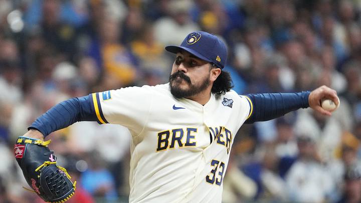 Oct 24, 2026; Milwaukee, Wisconsin, USA;  Milwaukee Brewers pitcher JoJo Romero (33) pitches during the fourth inning against the Tampa Bay Rays in game two of the 2026 World Series at American Family Field.  Mandatory Credit: Michael McLoone-Imagn Images