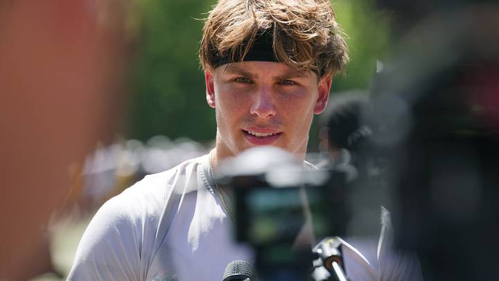 ASU quarterback Sam Leavitt speaks to the media after the team held their first day of practice at Camp Tontozona on Aug. 6, 2025. ASU quarterback Sam Leavitt speaks to the media after the team held their first day of practice at Camp Tontozona on Aug. 6, 2025.
