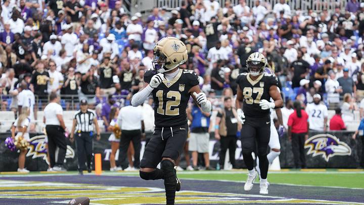 Sep 20, 2026; Baltimore, Maryland, USA; New Orleans Saints wide receiver Chris Olave (12) celebrates a touchdown in the fourth quarter against the Baltimore Ravens at M&T Bank Stadium. Mandatory Credit: James Lang-Imagn Images Sep 20, 2026; Baltimore, Maryland, USA; New Orleans Saints wide receiver Chris Olave (12) celebrates a touchdown in the fourth quarter against the Baltimore Ravens at M&T Bank Stadium. Mandatory Credit: James Lang-Imagn Images
