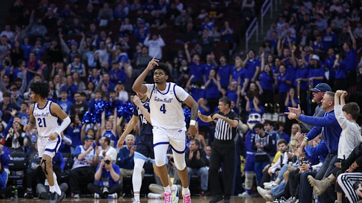 Mar 6, 2024; Newark, New Jersey, USA; Seton Hall Pirates center Elijah Hutchins-Everett (4) reacts