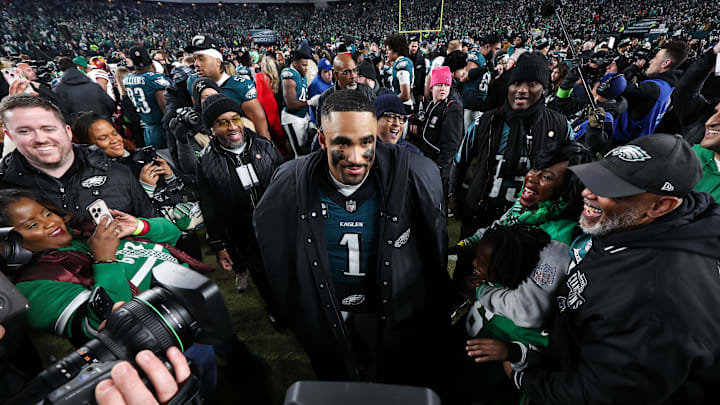 Jan 26, 2025; Philadelphia, PA, USA; Philadelphia Eagles quarterback Jalen Hurts (1) after a victory in the NFC Championship game against the Washington Commanders at Lincoln Financial Field. Mandatory Credit: Bill Streicher-Imagn Images Jan 26, 2025; Philadelphia, PA, USA; Philadelphia Eagles quarterback Jalen Hurts (1) after a victory in the NFC Championship game against the Washington Commanders at Lincoln Financial Field. Mandatory Credit: Bill Streicher-Imagn Images