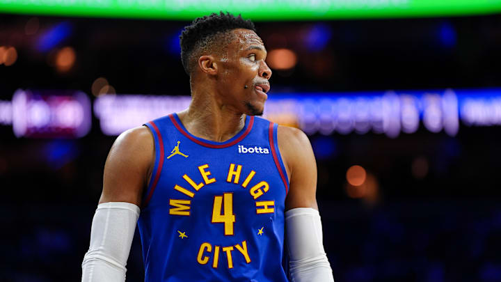 Jan 31, 2025; Philadelphia, Pennsylvania, USA; Denver Nuggets guard Russell Westbrook (4) looks on against the Philadelphia 76ers in the first quarter at Wells Fargo Center. Mandatory Credit: Kyle Ross-Imagn Images