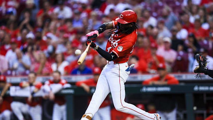 Sep 23, 2025; Cincinnati, Ohio, USA; Cincinnati Reds shortstop Elly De La Cruz (44) hits a two-run home run in  the second inning against the Pittsburgh Pirates at Great American Ball Park. Mandatory Credit: Katie Stratman-Imagn Images