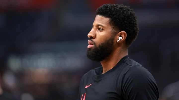 Apr 12, 2024; Los Angeles, California, USA; Los Angeles Clippers forward Paul George (13) warms up prior to the NBA game against the Utah Jazz at Crypto.com Arena. Mandatory Credit: Apr 12, 2024; Los Angeles, California, USA; Los Angeles Clippers forward Paul George (13) warms up prior to the NBA game against the Utah Jazz at Crypto.com Arena. Mandatory Credit: