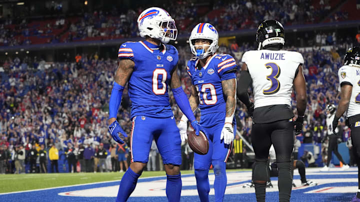Sep 7, 2025; Orchard Park, New York, USA;  Buffalo Bills wide receiver Keon Coleman (0) celebrates a touchdown  during the fourth quarter against the Baltimore Ravens
