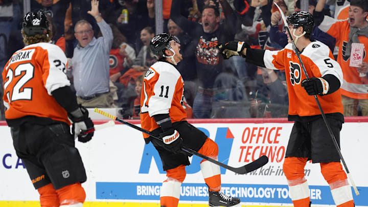 Oct 20, 2025; Philadelphia, Pennsylvania, USA; Philadelphia Flyers right wing Travis Konecny (11) reacts after scoring a goal against the Seattle Kraken in the second period at Xfinity Mobile Arena. Mandatory Credit: Kyle Ross-Imagn Images