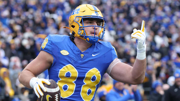 Nov 29, 2025; Pittsburgh, Pennsylvania, USA;  Pittsburgh Panthers tight end Justin Holmes (88) reacts after a touchdown against the Miami Hurricanes during the second quarter at Acrisure Stadium. Mandatory Credit: Charles LeClaire-Imagn Images