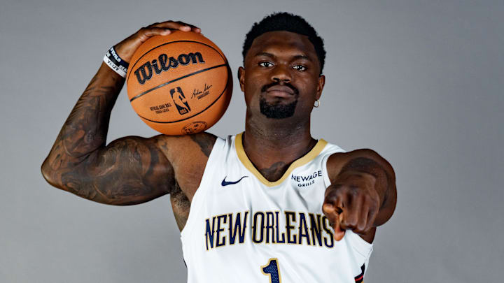 Sep 23, 2025; Metairie, LA, USA;  New Orleans Pelicans forward Zion Williamson (1) takes part in media day at Ochsner Sports Performance Center. Mandatory Credit: Matthew Hinton-Imagn Images