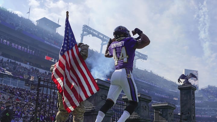 Nov 12, 2023; Baltimore, Maryland, USA;  Baltimore Ravens cornerback Marlon Humphrey (44) takes the