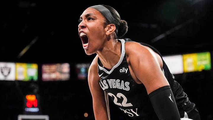 Las Vegas Aces center A'ja Wilson (22) celebrates after an and drawing a foul Sunday, Sept. 27, 2026 Las Vegas Aces center A'ja Wilson (22) celebrates after an and drawing a foul Sunday, Sept. 27, 2026