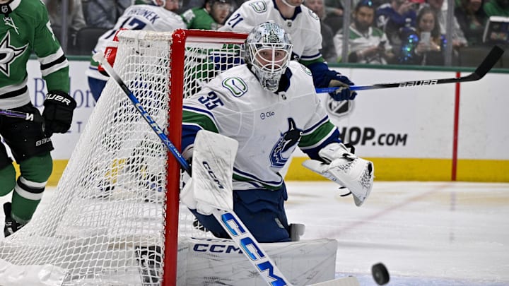 Apr 8, 2025; Dallas, Texas, USA; Vancouver Canucks goaltender Thatcher Demko (35) faces the Dallas Stars attack during the second period at the American Airlines Center. Mandatory Credit: Jerome Miron-Imagn Images Apr 8, 2025; Dallas, Texas, USA; Vancouver Canucks goaltender Thatcher Demko (35) faces the Dallas Stars attack during the second period at the American Airlines Center. Mandatory Credit: Jerome Miron-Imagn Images