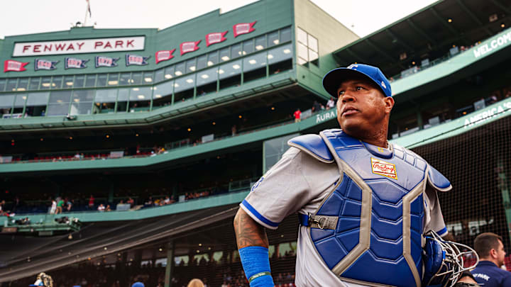 Aug 4, 2025; Boston, Massachusetts, USA; Kansas City Royals catcher Salvador Perez (13) make his way to the bullpen before the start of the game against the Boston Red Sox at Fenway Park. Mandatory Credit: David Butler II-Imagn Images