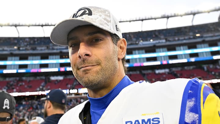 Nov 17, 2024; Foxborough, Massachusetts, USA; Los Angeles Rams quarterback Jimmy Garoppolo (11) leaves the field after a game against the New England Patriots at Gillette Stadium. Mandatory Credit: Eric Canha-Imagn Images Nov 17, 2024; Foxborough, Massachusetts, USA; Los Angeles Rams quarterback Jimmy Garoppolo (11) leaves the field after a game against the New England Patriots at Gillette Stadium. Mandatory Credit: Eric Canha-Imagn Images