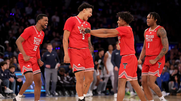 Texas Tech Red Raiders forward Lejuan Watts (3) and guard Christian Anderson (4) react with guards Donovan Atwell (12) and Tyeree Bryan (1). Mandatory Credit: Brad Penner-Imagn Images
