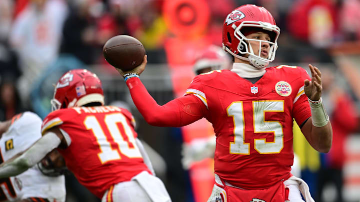 Dec 15, 2024; Cleveland, Ohio, USA; Kansas City Chiefs quarterback Patrick Mahomes (15) throws a pass during the second half against the Cleveland Browns at Huntington Bank Field. Mandatory Credit: Ken Blaze-Imagn Images Dec 15, 2024; Cleveland, Ohio, USA; Kansas City Chiefs quarterback Patrick Mahomes (15) throws a pass during the second half against the Cleveland Browns at Huntington Bank Field. Mandatory Credit: Ken Blaze-Imagn Images