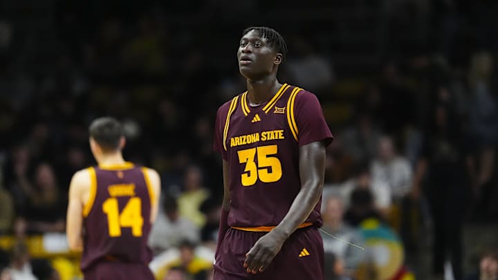 Feb 7, 2026; Boulder, Colorado, USA; Arizona State Sun Devils center Massamba Diop (35) during the first half against the Colorado Buffaloes at the CU Events Center. Mandatory Credit: Ron Chenoy-Imagn Images