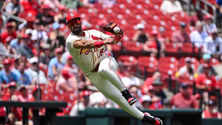 Jun 6, 2026; St. Louis, Missouri, USA; St. Louis Cardinals third baseman Jose Fermin (15) throws on the run but is unable to throw out Cincinnati Reds center fielder Dane Myers (not pictured) during the third inning at Busch Stadium. Mandatory Credit: Jeff Curry-Imagn Images