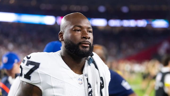 Aug 23, 2025; Glendale, Arizona, USA; Las Vegas Raiders linebacker Germaine Pratt (57) against the Arizona Cardinals during a preseason NFL game at State Farm Stadium. Mandatory Credit: Mark J. Rebilas-Imagn Images