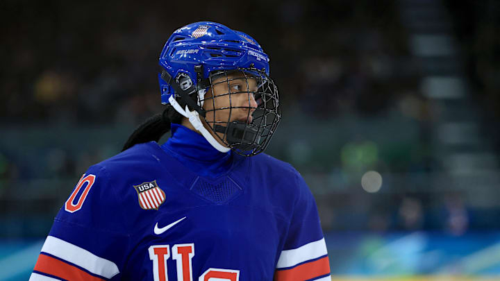 Feb 13, 2026; Milan, Italy; Laila Edwards of United States during the match against Italy in a women's ice hockey quarterfinal during the Milano Cortina 2026 Olympic Winter Games at Milano Rho Ice Hockey Arena. Mandatory Credit: Katie Stratman-Imagn Images Feb 13, 2026; Milan, Italy; Laila Edwards of United States during the match against Italy in a women's ice hockey quarterfinal during the Milano Cortina 2026 Olympic Winter Games at Milano Rho Ice Hockey Arena. Mandatory Credit: Katie Stratman-Imagn Images
