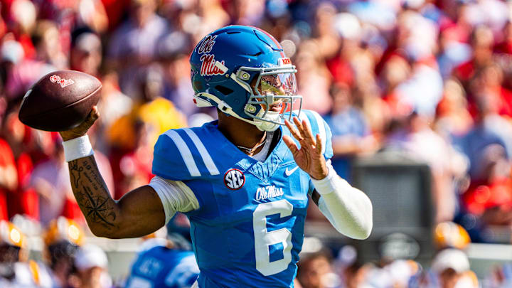 Ole Miss quarterback Trinidad Chambliss (6) passes the ball during a college football game between Ole Miss and LSU at Vaught-Hemingway Stadium in Oxford, Miss., on Saturday, Sept. 27, 2025. Ole Miss quarterback Trinidad Chambliss (6) passes the ball during a college football game between Ole Miss and LSU at Vaught-Hemingway Stadium in Oxford, Miss., on Saturday, Sept. 27, 2025.