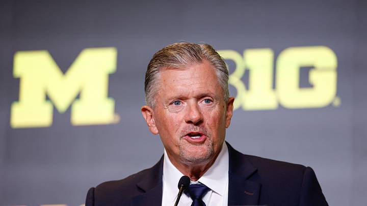 Jul 30, 2026; Chicago, IL, USA; Michigan Football head coach Kyle Whittingham speaks during Big Ten Media Days at Hilton Chicago. Mandatory Credit: Kamil Krzaczynski-Imagn Images Jul 30, 2026; Chicago, IL, USA; Michigan Football head coach Kyle Whittingham speaks during Big Ten Media Days at Hilton Chicago. Mandatory Credit: Kamil Krzaczynski-Imagn Images