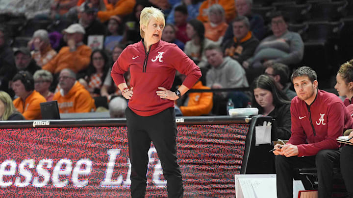 Alabama head coach Kristy Curry on the sidelines during a women's college basketball game between the Lady Vols and Alabama at Thompson-Boling Arena at Food City Center in Knoxville on Thursday, February 20, 2025. Alabama head coach Kristy Curry on the sidelines during a women's college basketball game between the Lady Vols and Alabama at Thompson-Boling Arena at Food City Center in Knoxville on Thursday, February 20, 2025.