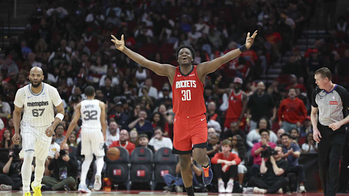 Apr 12, 2026; Houston, Texas, USA; Houston Rockets center Clint Capela (30) celebrates after a play during the fourth quarter against the Memphis Grizzlies at Toyota Center. Mandatory Credit: Troy Taormina-Imagn Images Apr 12, 2026; Houston, Texas, USA; Houston Rockets center Clint Capela (30) celebrates after a play during the fourth quarter against the Memphis Grizzlies at Toyota Center. Mandatory Credit: Troy Taormina-Imagn Images