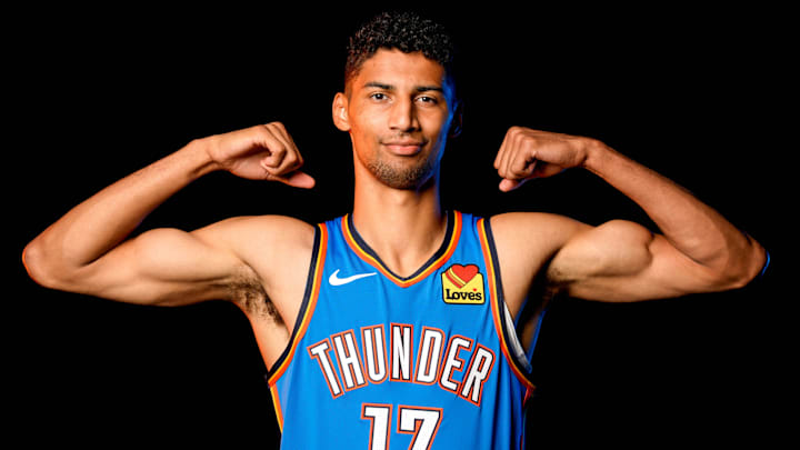 Malevy Leons is pictured during the Thunder media day at the Paycom Center in Oklahoma City, on Monday, Sept. 30, 2024.