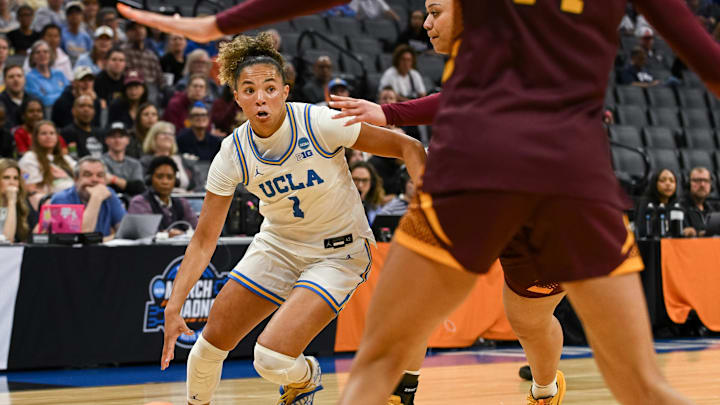 Mar 27, 2026; Sacramento, CA, USA; UCLA Bruins guard Kiki Rice (1) drives against the Minnesota Golden Gophers during a Sweet Sixteen game of the Sacramento Regional 2 of the women's 2026 NCAA Tournament at Golden 1 Center. Mandatory Credit: Ed Szczepanski-Imagn Images Mar 27, 2026; Sacramento, CA, USA; UCLA Bruins guard Kiki Rice (1) drives against the Minnesota Golden Gophers during a Sweet Sixteen game of the Sacramento Regional 2 of the women's 2026 NCAA Tournament at Golden 1 Center. Mandatory Credit: Ed Szczepanski-Imagn Images