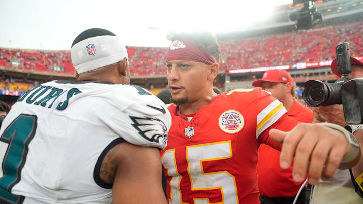 Sep 14, 2025; Kansas City, Missouri, USA; Philadelphia Eagles quarterback Jalen Hurts (1) and Kansas City Chiefs quarterback Patrick Mahomes (15) greet eachother after the game at GEHA Field at Arrowhead Stadium. Mandatory Credit: Jay Biggerstaff-Imagn Images Sep 14, 2025; Kansas City, Missouri, USA; Philadelphia Eagles quarterback Jalen Hurts (1) and Kansas City Chiefs quarterback Patrick Mahomes (15) greet eachother after the game at GEHA Field at Arrowhead Stadium. Mandatory Credit: Jay Biggerstaff-Imagn Images