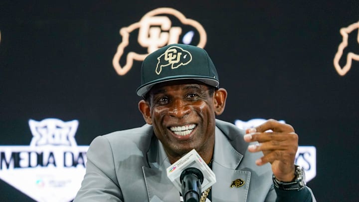 Jul 9, 2025; Frisco, TX, USA; Colorado head coach Deion Sanders speaks with the media during 2025 Big 12 Football Media Days at The Star. Mandatory Credit: Raymond Carlin III-Imagn Images Jul 9, 2025; Frisco, TX, USA; Colorado head coach Deion Sanders speaks with the media during 2025 Big 12 Football Media Days at The Star. Mandatory Credit: Raymond Carlin III-Imagn Images