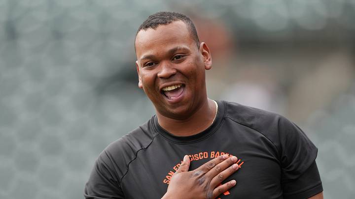 San Francisco, California, USA; San Francisco Giants designated hitter Rafael Devers (16) before the game against the Colorado Rockies at Oracle Park. Mandatory Credit: Darren Yamashita-Imagn Images