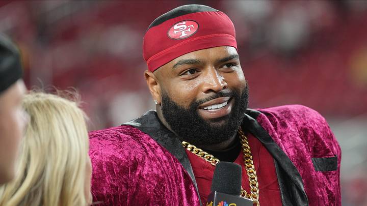 Oct 19, 2025; Santa Clara, California, USA; San Francisco 49ers offensive tackle Trent Williams (71) is interviewed after the game against the Atlanta Falcons at Levi's Stadium. Mandatory Credit: Darren Yamashita-Imagn Images