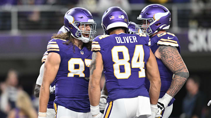 Nov 27, 2023; Minneapolis, Minnesota, USA; Minnesota Vikings tight end T.J. Hockenson (87) reacts