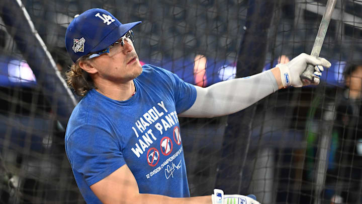 Oct 23, 2025; Toronto, ON, Canada;  Los Angeles Dodgers first baseman Kike Hernandez (8) takes batting practice during World Series team workouts at Rogers Centre. Mandatory Credit: Dan Hamilton-Imagn Images